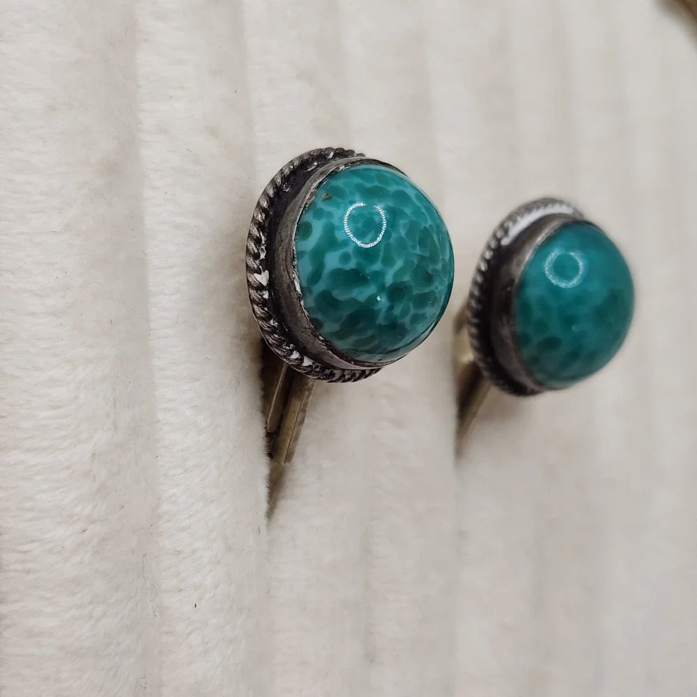 Vintage Alpaca Silver Green Peking Glass Cabochon Cufflinks Mexico Southwest